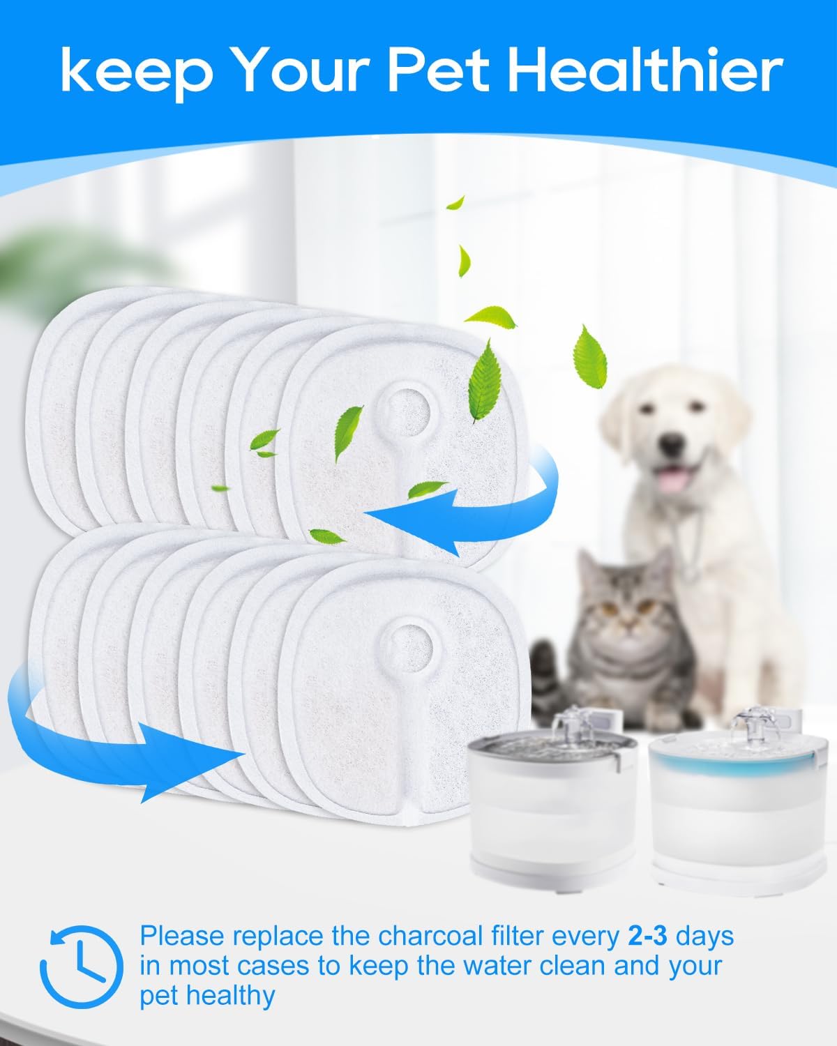 Cat Water Fountain Filter Replacement Compatible with 2L/67oz E1 and E1+ Automatic Cat Water Dispenser Wireless Pet Fountain Battery Operated, Multilayer Filter, 8 PACK