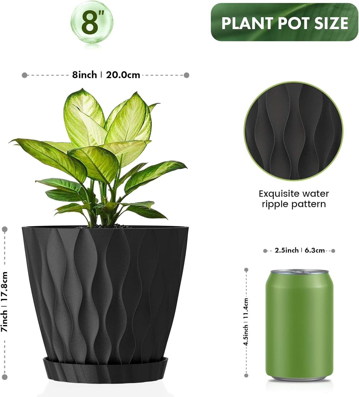 8 Inch Plant Pots, 2 Pack Plastic Planters for Indoor Outdoor with Drainage Holes & Saucers, Waffle Texture Flower Pots for Indoor Plants, Indoor Plant Pots for Monstera, Fiddle Leaf Fig, Black