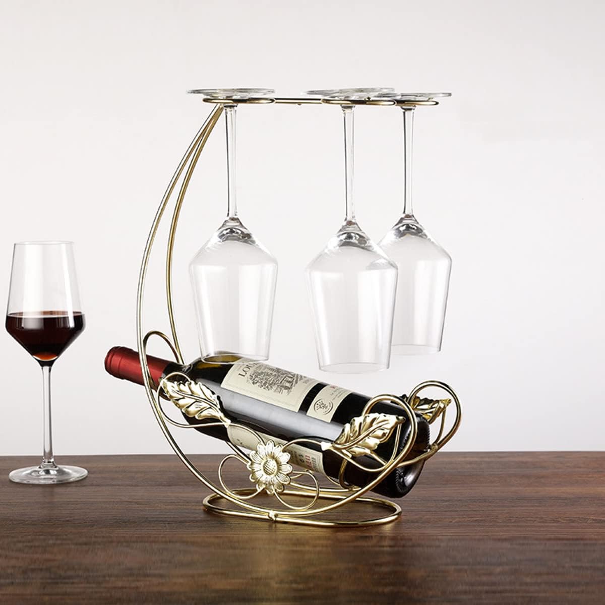 Homya Tabletop Wine Rack - Metal Fine Forged Wine Glass Display Holder, Holds 1 Bottle and 4 Glasses, Gold