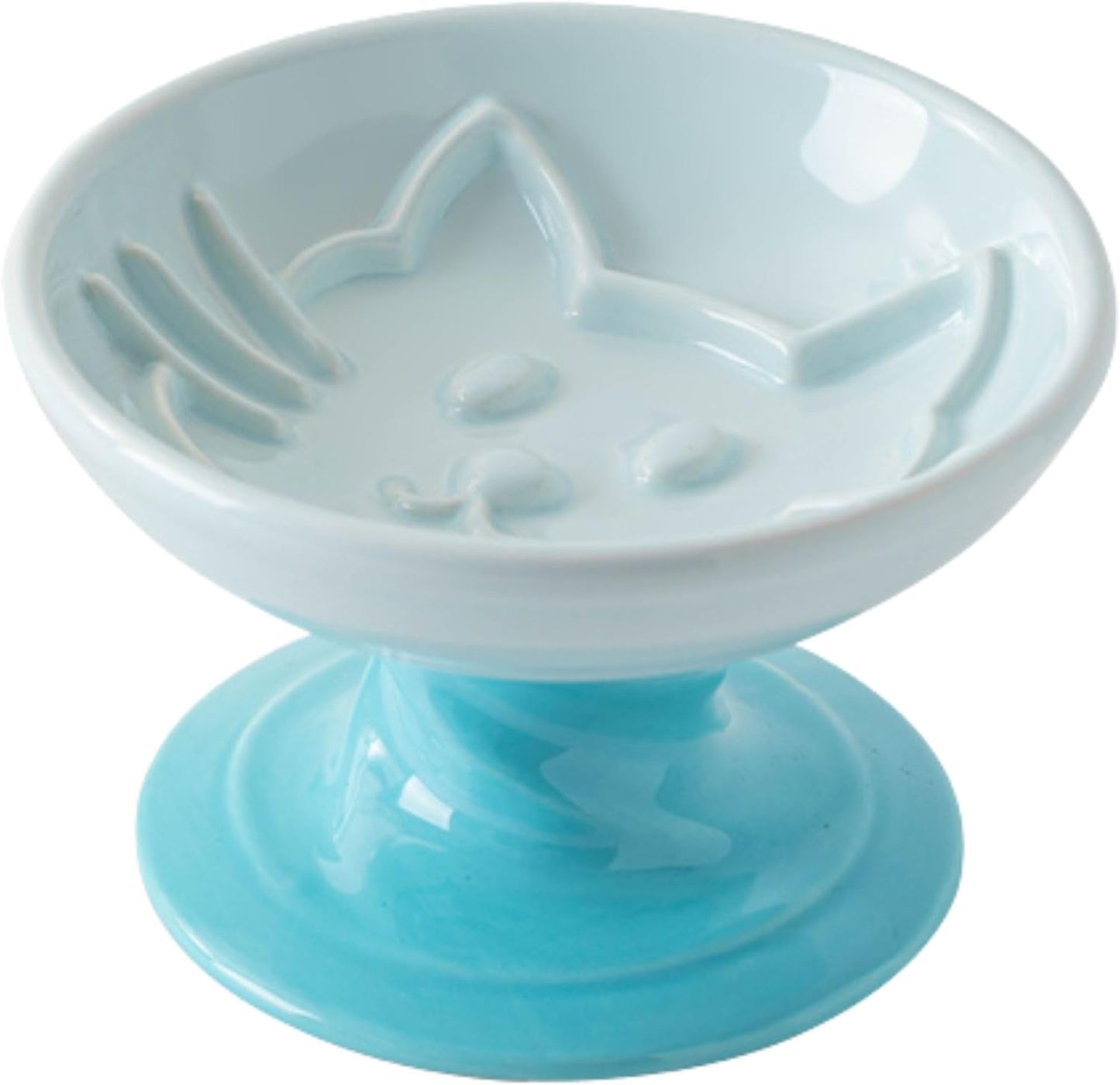 Elevated Twisting Design Cat Food Slow Feeder, Ceramic Raised Cat Dishes with Decorative Twisting Design Stand, Macaron Colors, Slow Feed Design (Blue)