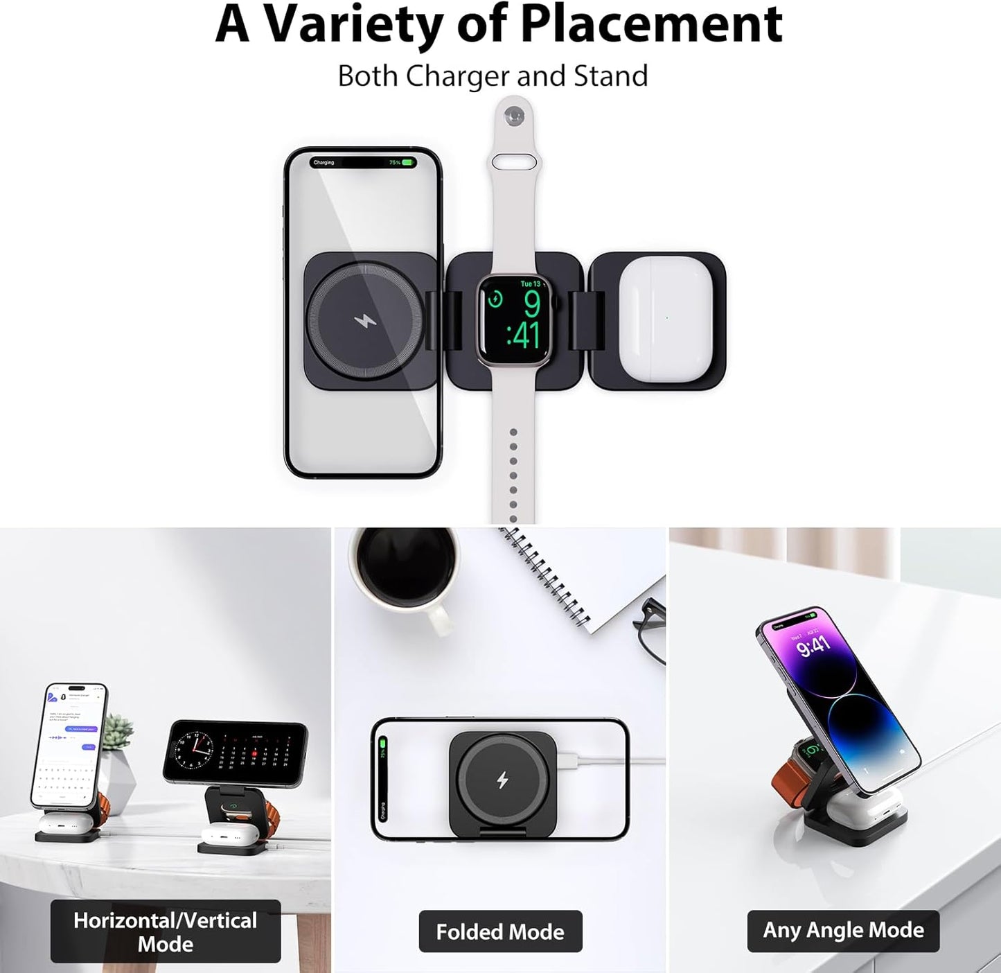 KU XIU Fast Wireless Charger, Magnetic Foldable 3 in 1 Charging Station for iPhone 17/16/15/14/13/12/Pro/Plus/Pro Max, 5W Portable Charger for Apple Watch10/9/8/7/6/5/4/3/SE, for Airpods3/2/Pro-Black