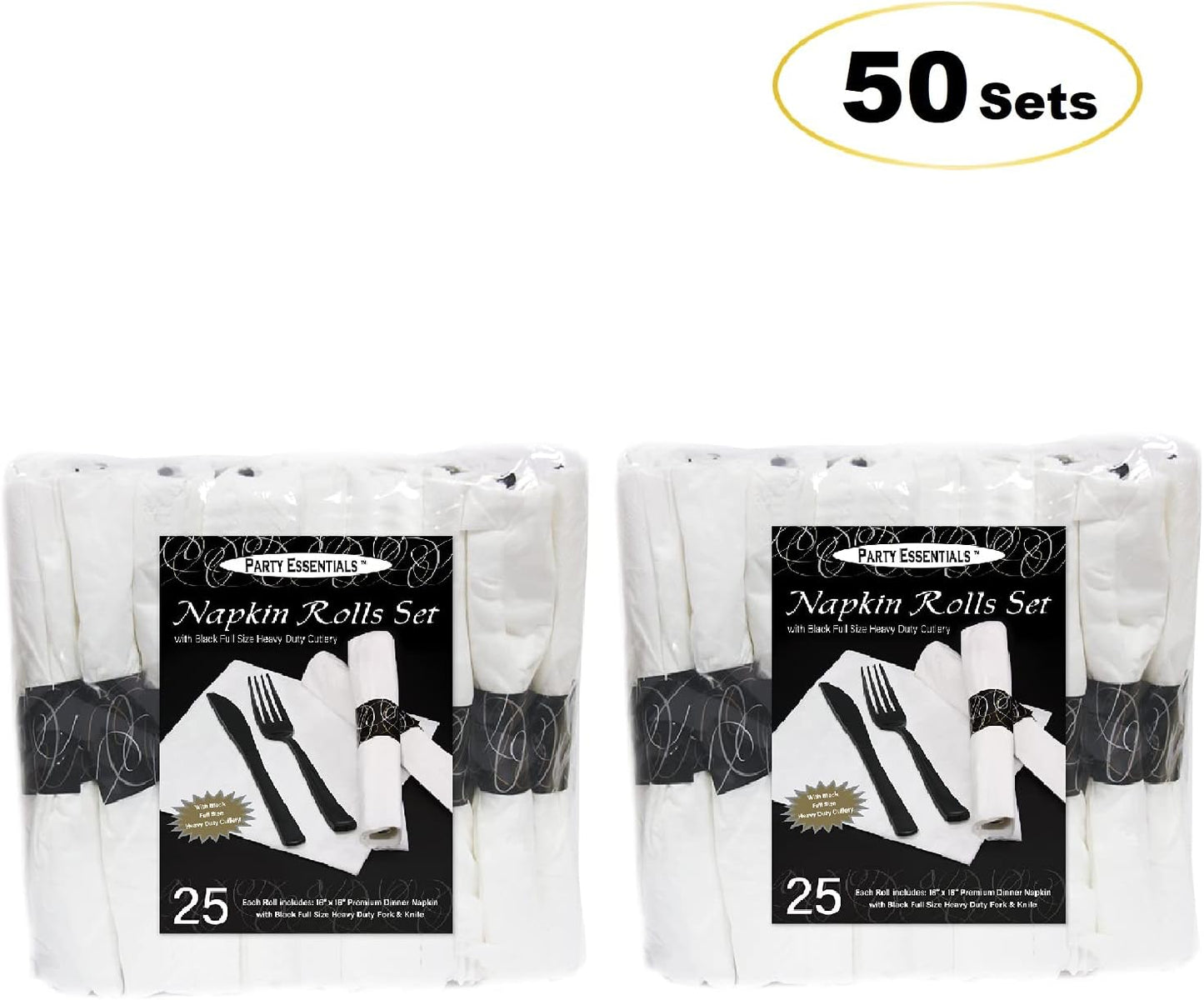 Party Essentials Party Supplies Wrapped Silverware Set Disposable, Pre Rolled Napkin and Cutlery, Forks/Knives Black, 50 Units