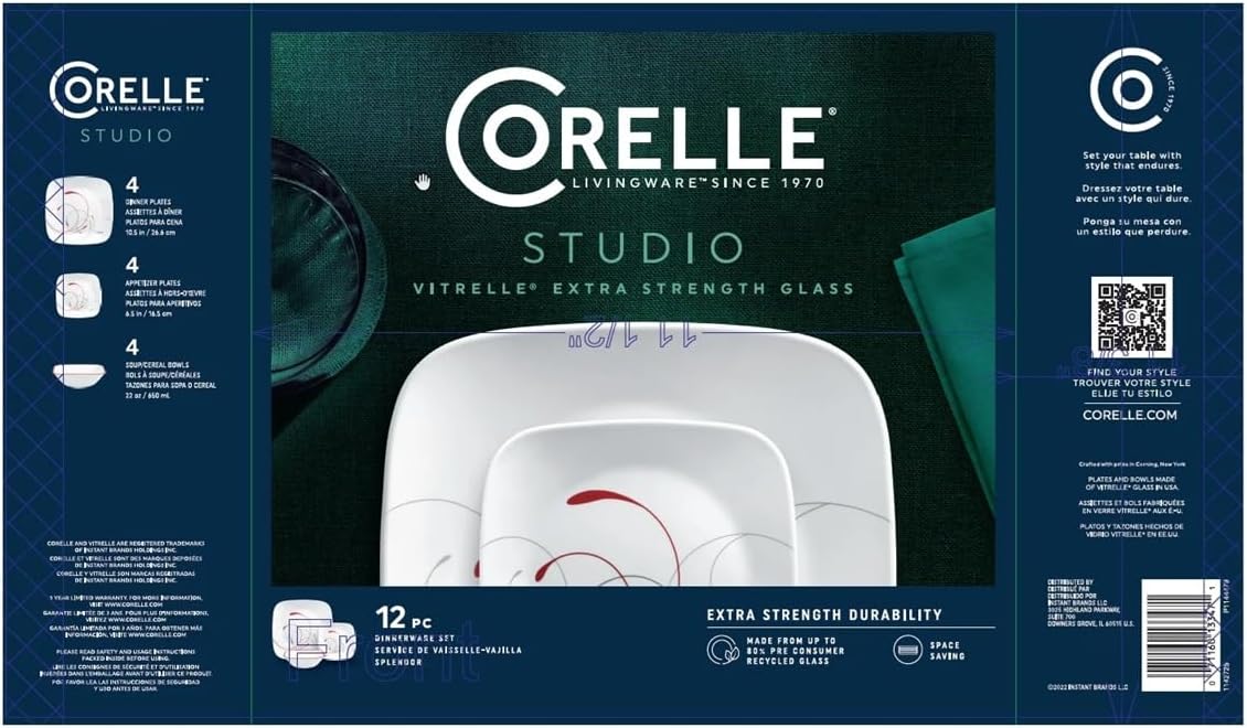 Corelle Square Splendor 12-piece Dinnerware Set with Appetizer Plates, Service for 4
