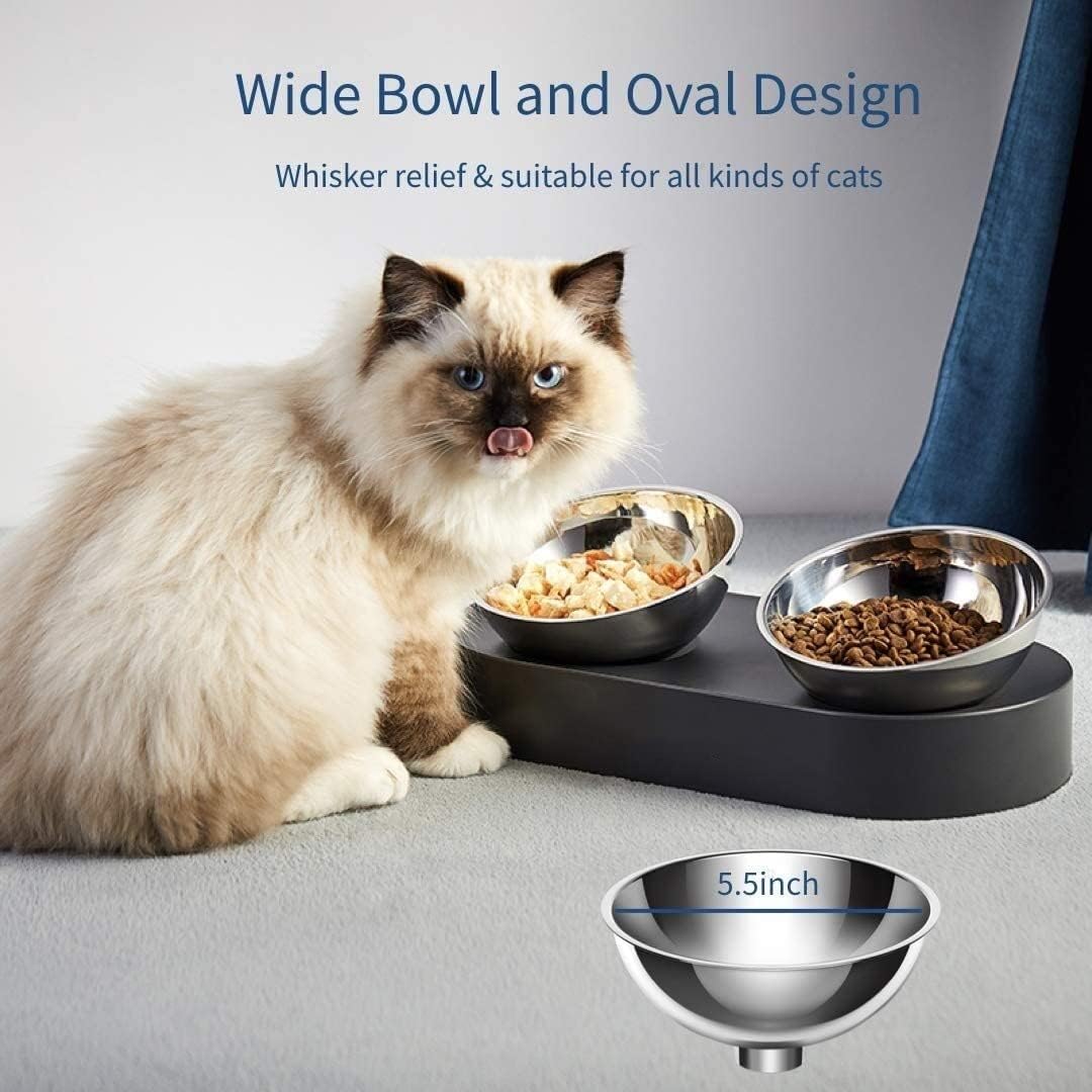 Fountain Elevated Dog Cat Stainless Steel Bowls, 15° Tilted Raised Cat Food and Water Bowls, Stress Free Food Grade Material, Nonslip No Spill Pet Feeding Bowls Pet Water Dispenser