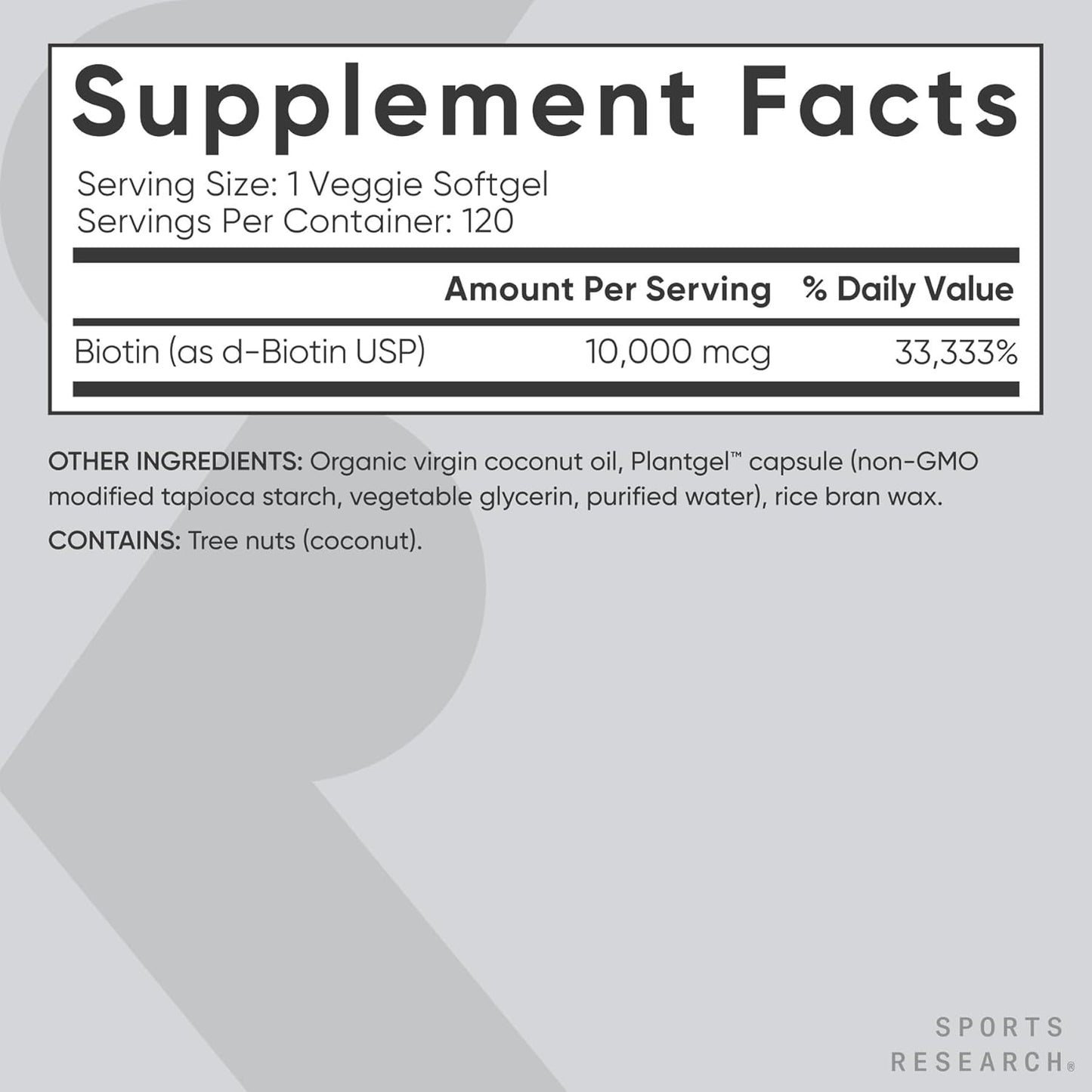 Sports Research® Biotin 10,000mcg with Organic Coconut Oil - Biotin (Vitamin B7) for Healthy Skin and Hair Support* - for Women and Men - Vegan, Non-GMO, Gluten & Soy-Free - 120 Veggie Softgels