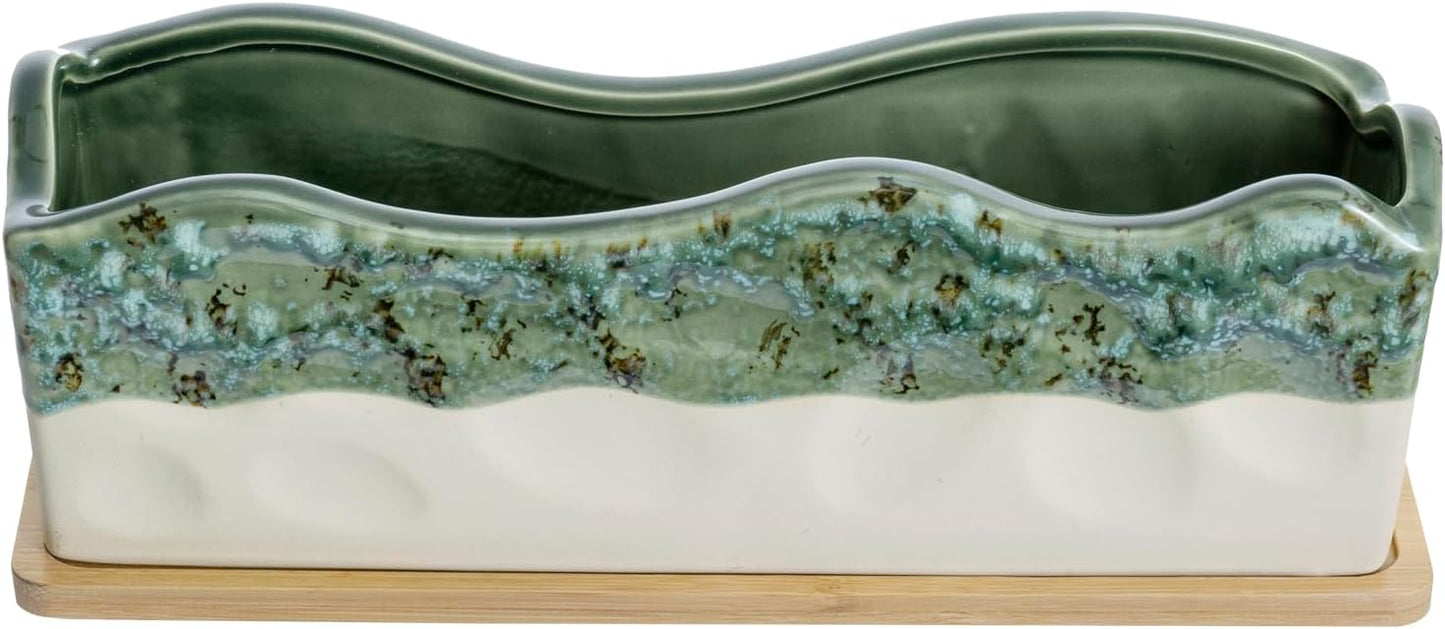 MyGift 13 Inch Large Rectangular Succulent Planter, Decorative Seafoam Green Glazed Beige Ceramic Indoor Plant Container Pot with Removable Bamboo Tray