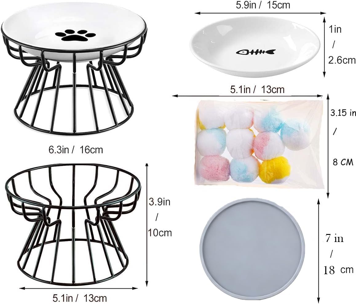 2 Pieces Elevated Cat Bowls Stand Tilted Pet Ceramic Bowls Raised Dogs Plate Non-Slip Mat for Cats and Puppy (Gold)
