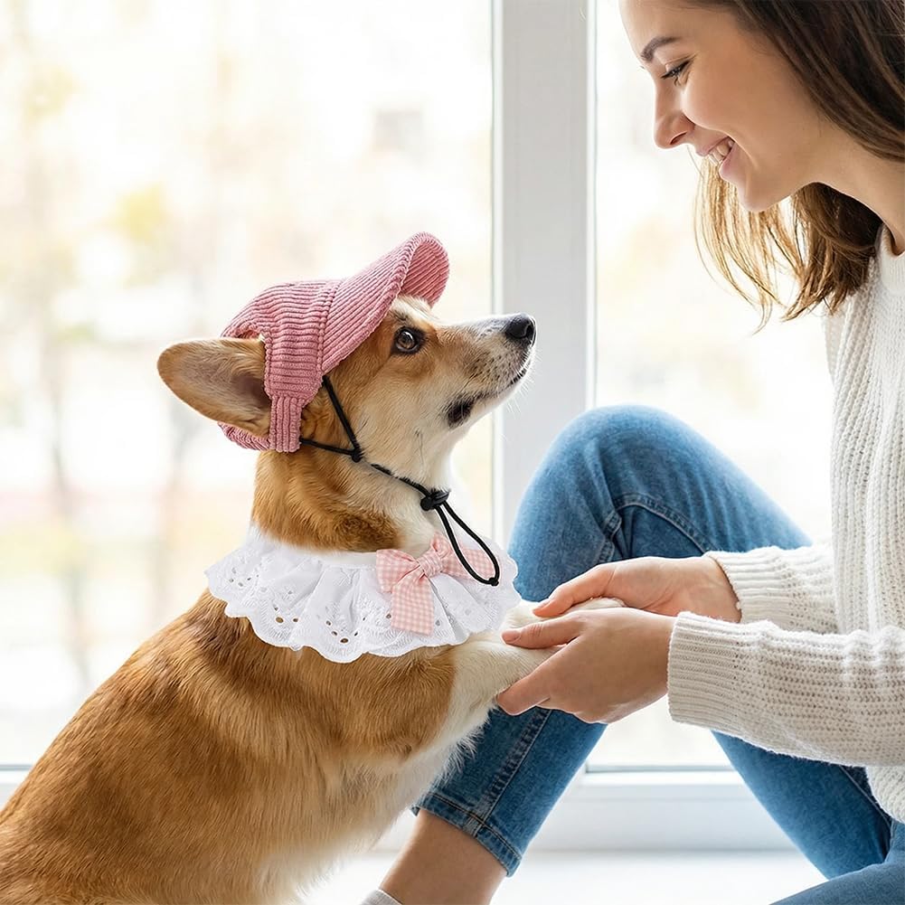 1 Set Dog Baseball Cap Adjustable Puppy Sunbonnet Headdress Hat and Drool Bib Pet Baseball Hat Cap Visor Sunbonnet Outfit with Ear Holes for Dogs Summer Outdoor
