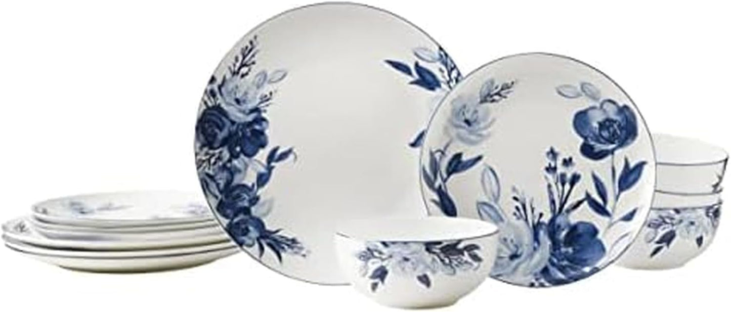 Mikasa Darcy Bone China Lightweight Chip Resistant 12 Piece Dinnerware Set, Service for 4,Blue and White