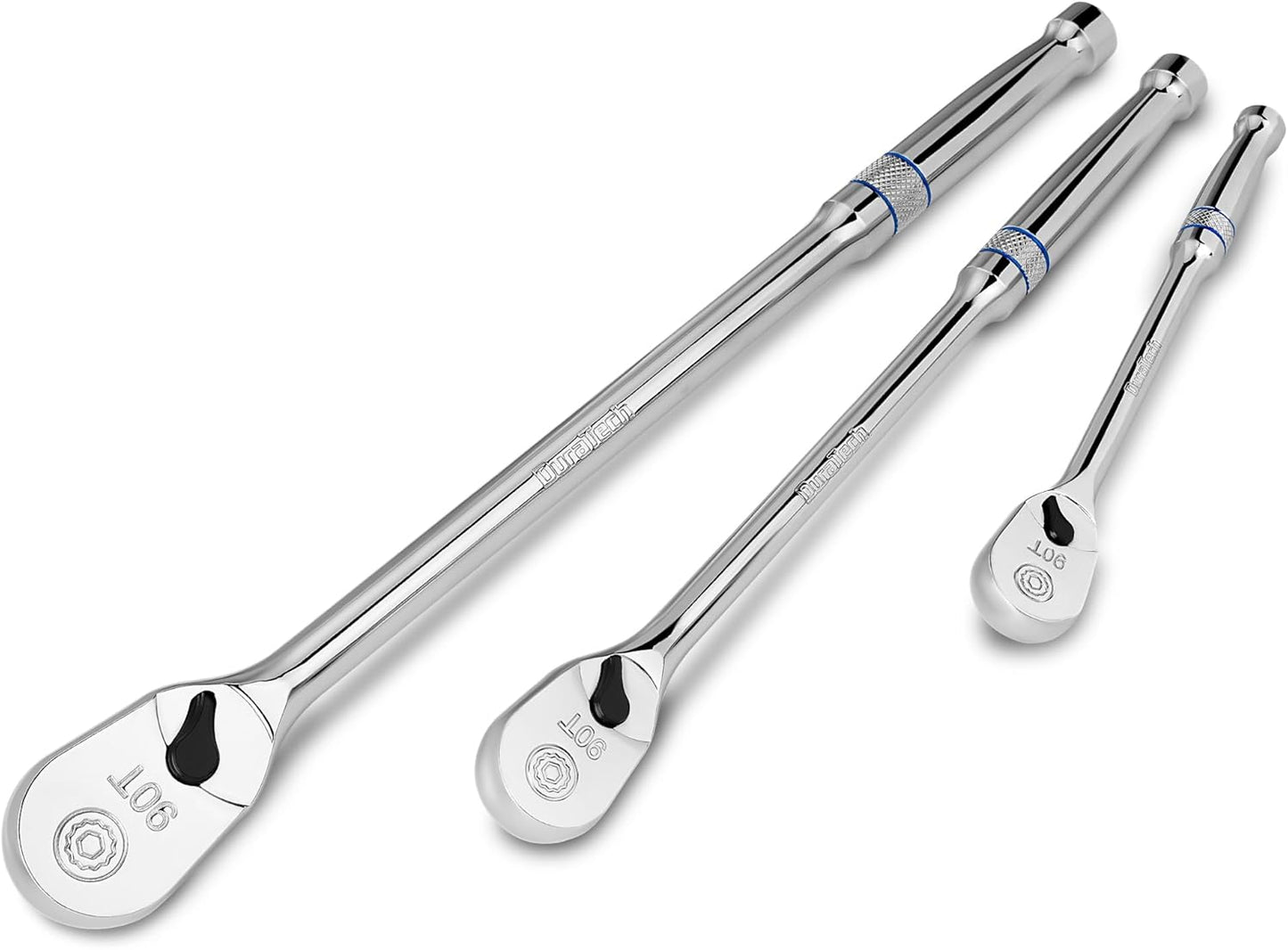 DURATECH 3-Piece Extra Long Drive Ratchet Handle, 1/4", 3/8", 1/2" 90-Tooth Ratchet Wrench with Dust Proof Teardrop Enclosed Head, Reversible, CR-V Steel Made, CR-MO Head, Full Polished, Gifts for Men