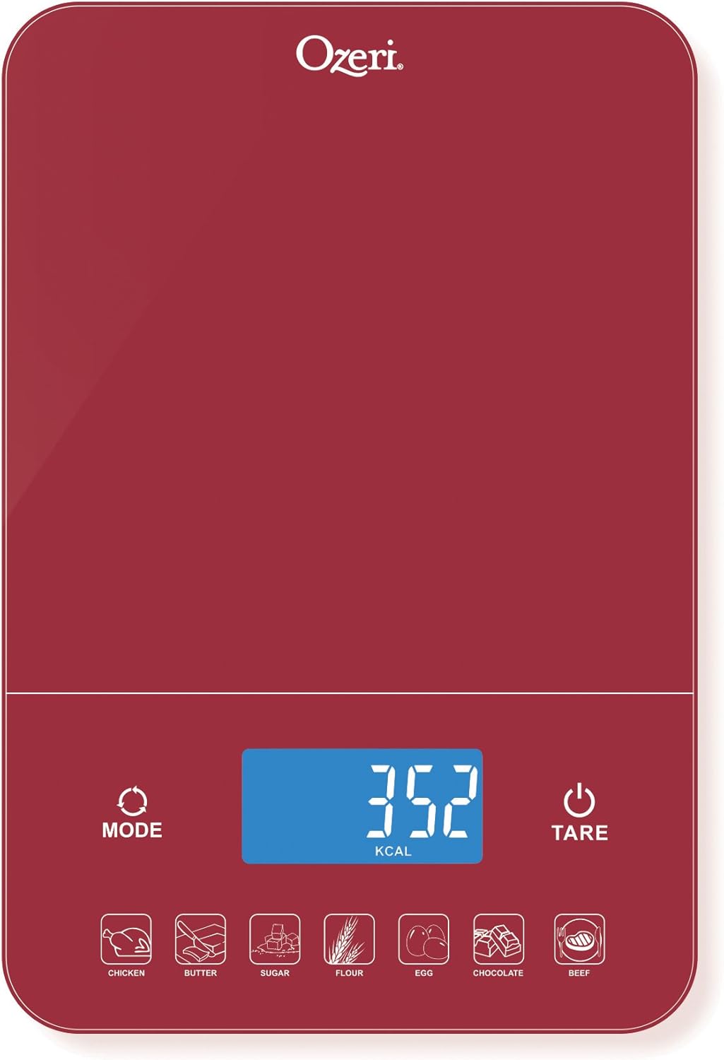 Ozeri Touch III 22 lb (10 kg) Digital Kitchen Scale with Calorie Counter in Tempered Glass, Red Engine