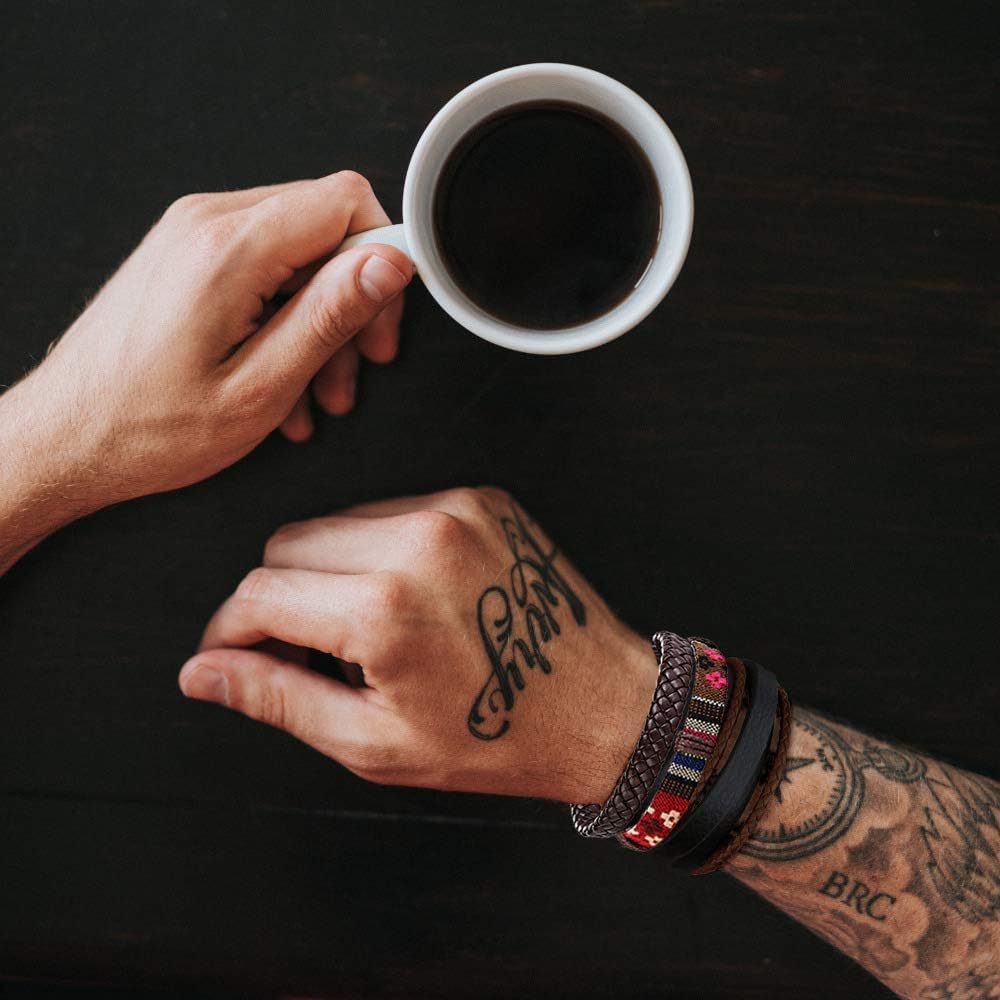 FIBO STEEL 31 Pcs Braided Leather Bracelets for Men Women Wooden Beads Cool Hemp Tribal Wristbands Cuff Punk Multilayered Bracelets