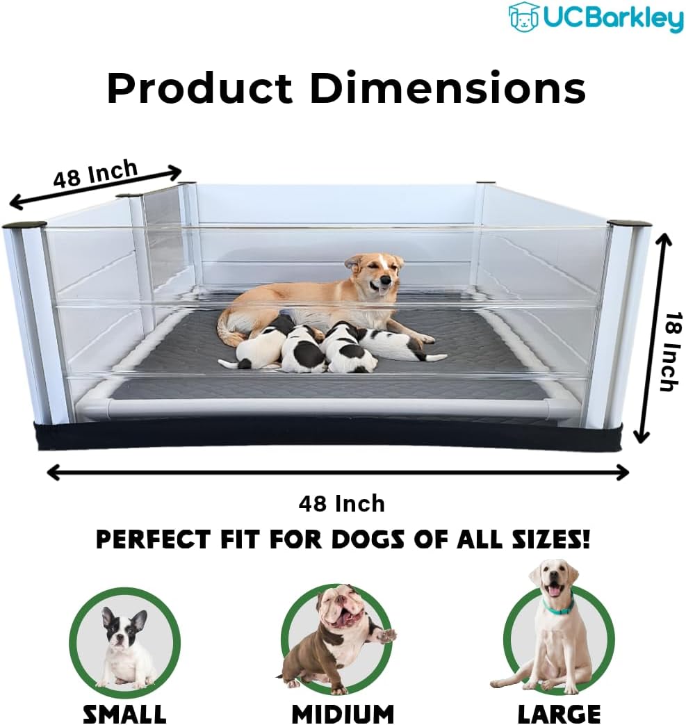 Whelping Box for Dogs and Puppies with Clear Window Panel – Modular, Easy-Clean, Safe Design with Pig Rail, Floor Liner & Washable Pad | UC Barkley Premium 48 Inch