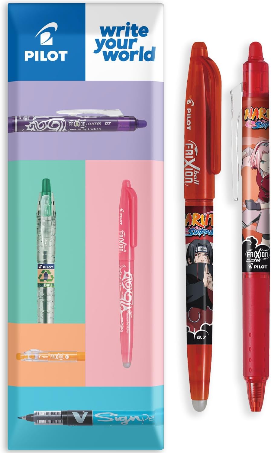 Pilot Frixion Heat/Friction Erasable Rollerball Pen FR7 Naruto Shippuden Limited Edition - Medium Line 0.7mm Tip Nib - Pillow Pack of 2 Pens - FriXion Ball + Clicker (Red)