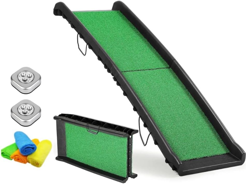 Dog Ramp for Car & SUV with Poly Grass Non-Slip Surface – Lightweight & Foldable Pet Ramp for Dogs, Includes 4 Towels & 2 LED Lights, Safe for Cars, Trucks, Beds, Couches & Stairs