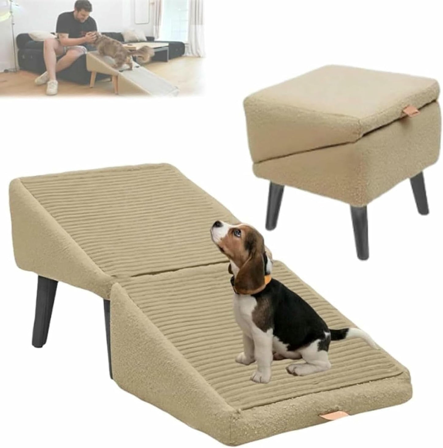 Split Ottoman Dog Ramp – 2-in-1 for Dog ramp for Bed, Suitable for Small, Medium-Sized Dogs and Cats, Sofa Height, Detachable and Washable Anti-Skid pad