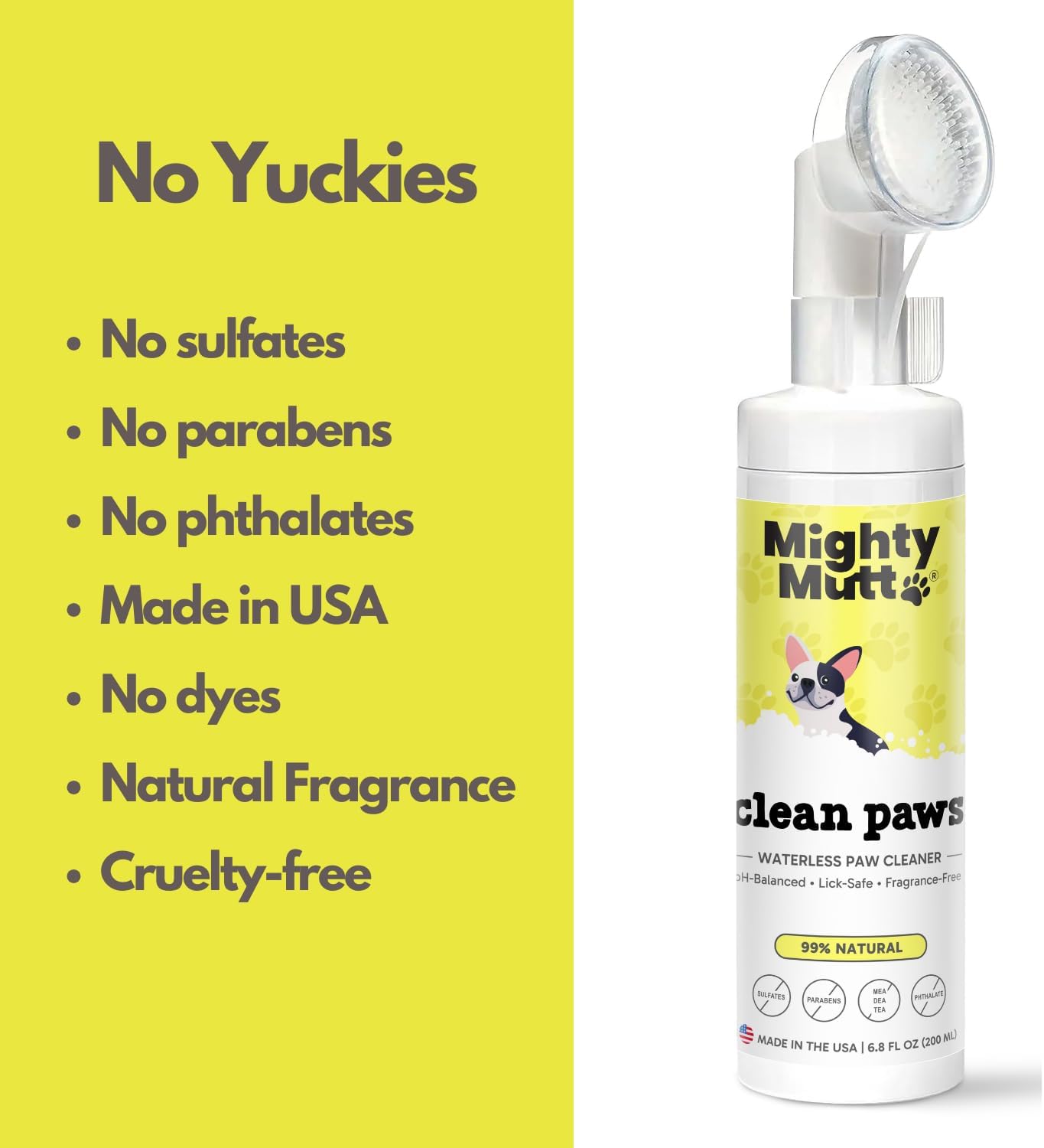MIGHTY MUTT Waterless Dog Paw Cleaner - Made in USA, No-Rinse Foaming Cleanser with Brush, Gentle & Hypoallergenic, Natural & pH-Balanced, Fragrance-Free - 6.8 oz