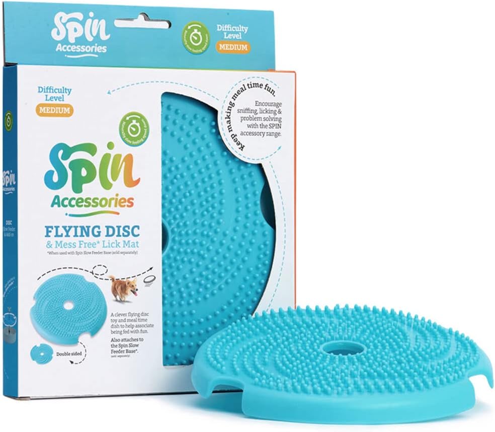 PetDreamHouse Spin Disc Dual Texture Dog Lick Mat, Slow Feeder & Frisbee Dog Toy, Use Standalone or with Spin Bowl Base, for All Dogs, Blue
