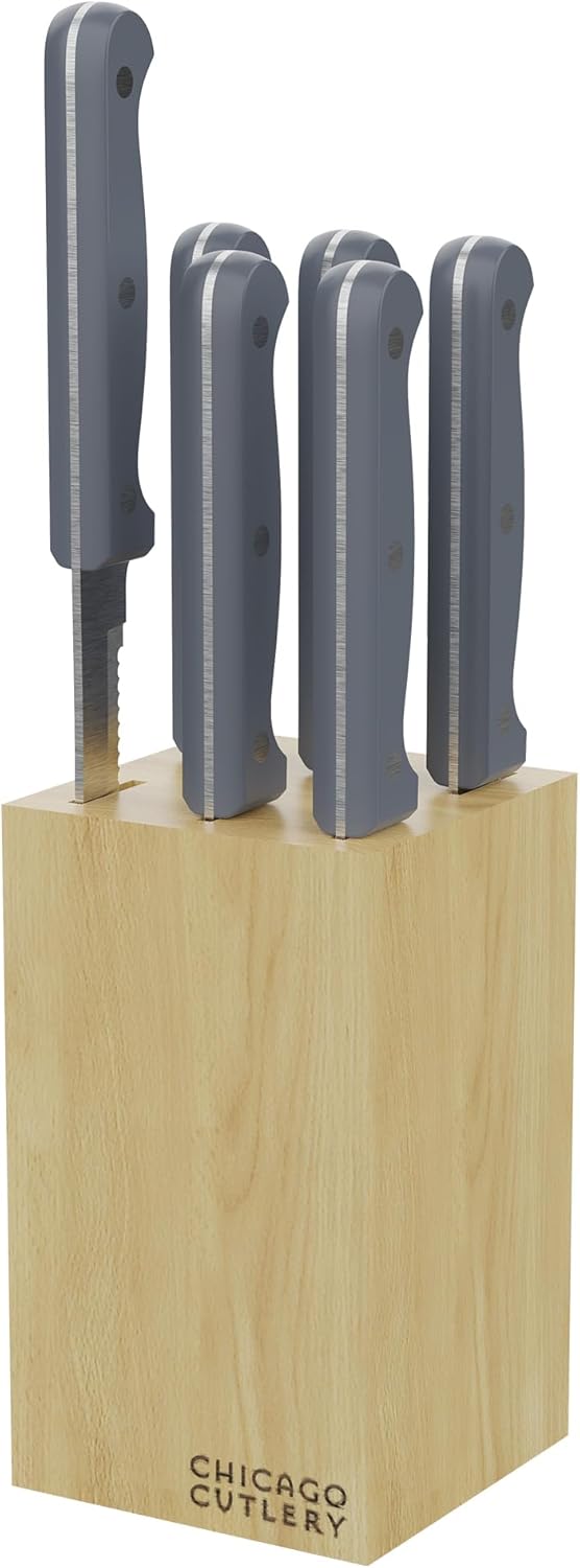 Chicago Cutlery Halsted (7-PC) Steak Knives & Wooden Block Set, Ergonomic Handles and Sharp Stainless Steel Professional Chef Cutlery Set