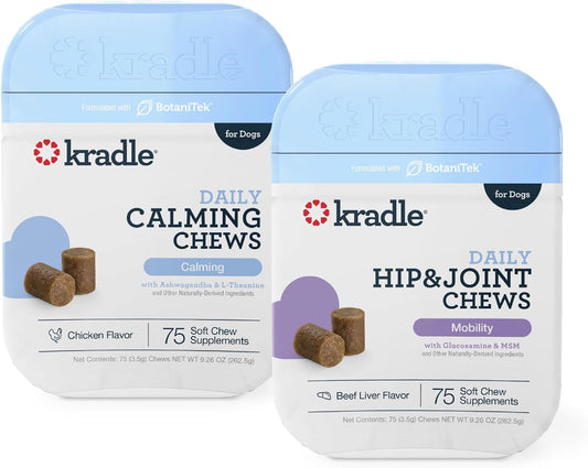 Kradle Calming & Joint Chews for Dogs - 2 Pack (75 Each) - Ashwagandha + Glucosamine MSM - Occasional Anxiety & Mobility Support
