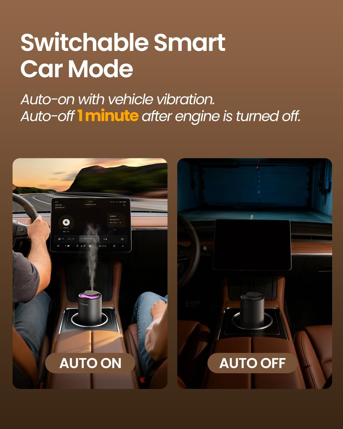 Waterless Diffuser for Essential Oil, Smart Car Air Freshener Diffuser with 3 Mist Grades & 3 LED Light Colors, Auto On/Off, Rechargeable Scent Air Machine
