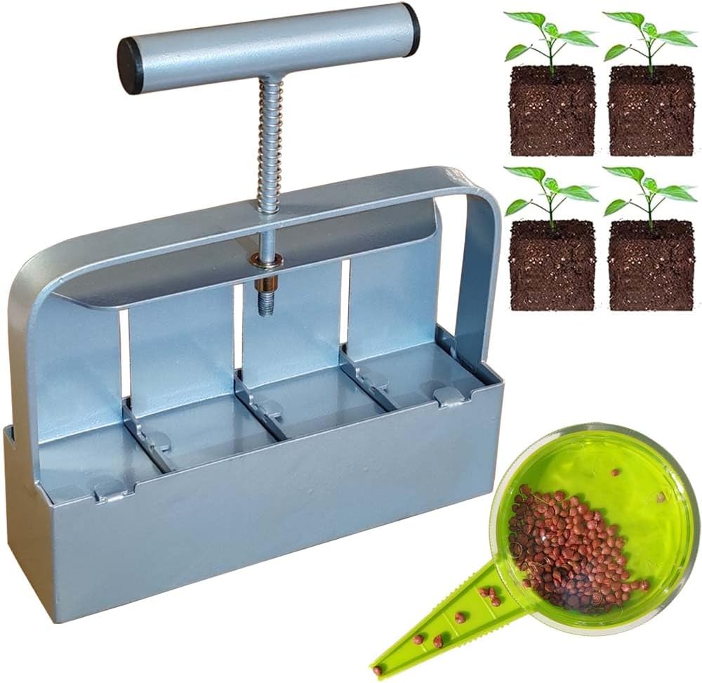 Handheld Soil Blocker Tool Kit - 4 Cell Heavy Duty 2 Inch Seed Starter Soil Block Maker for Seedlings, Cuttings, Greenhouses and Gardens (Ergonomic Design, Durable Metal Construction)