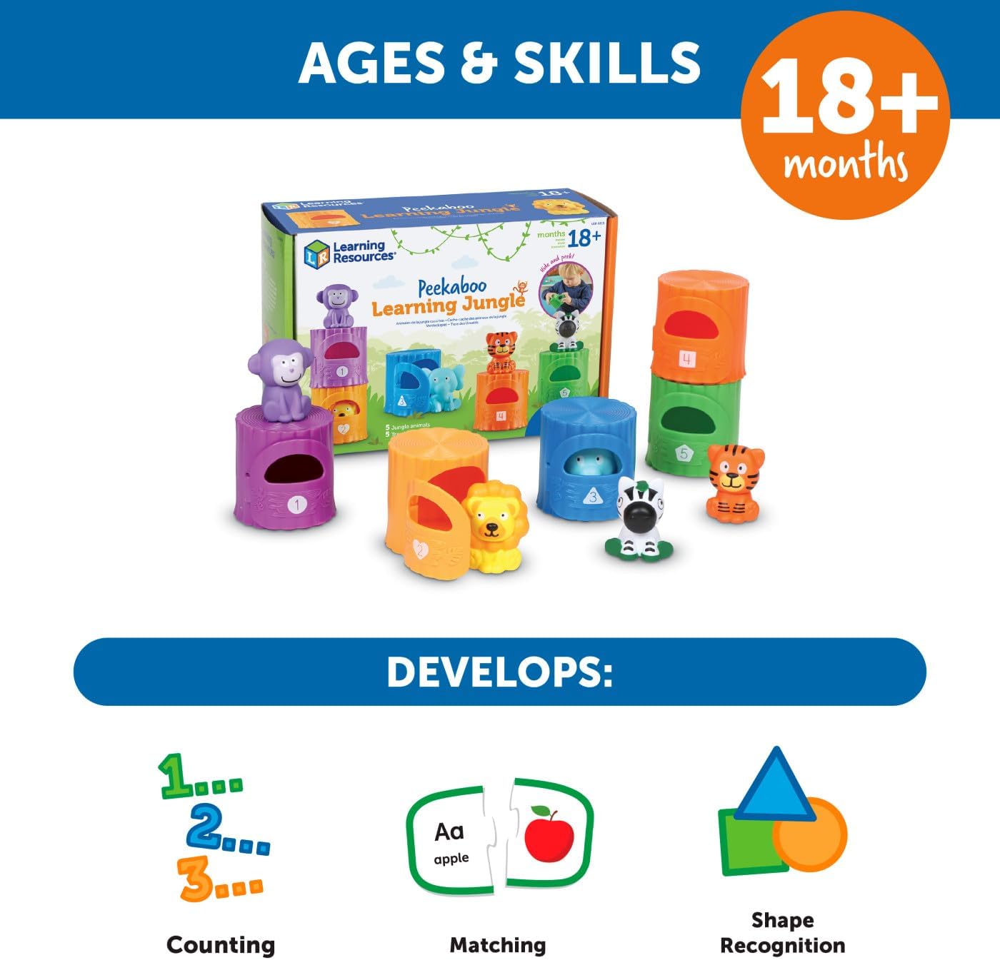 Learning Resources Peekaboo Learning Jungle Toddler - 10 Pieces, Ages 18 Months + , Toddler Montessori Toys, Stacking Shape, Sorting and Matching Skill, Educational Games