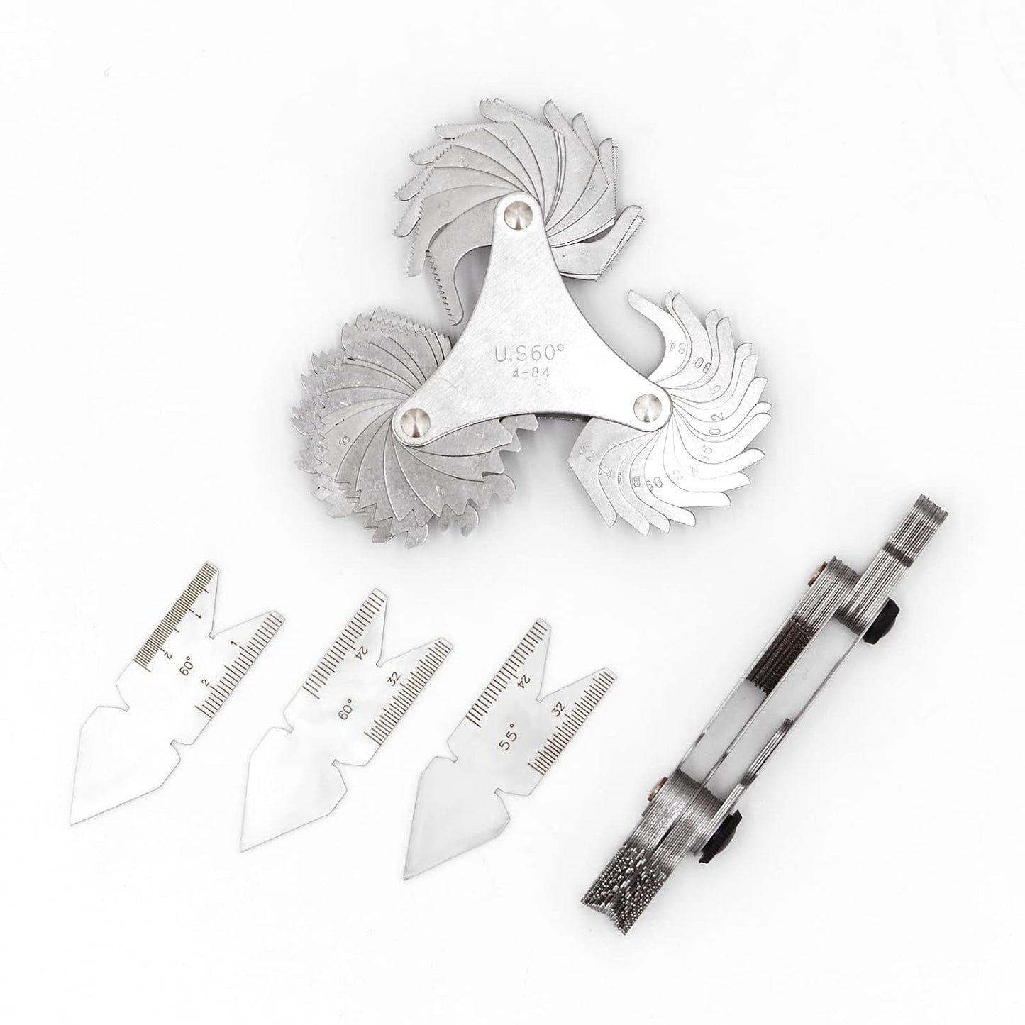 5 Pcs Thread Pitch Gauges Measure Tool Set,Stainless Steel Thread Gauges 3 Pcs 55 & 60 Degree Metric System Centre Gage + 51Pcs America SAE Type + 52 Pcs Metric & America SAE Type & British Whitworth