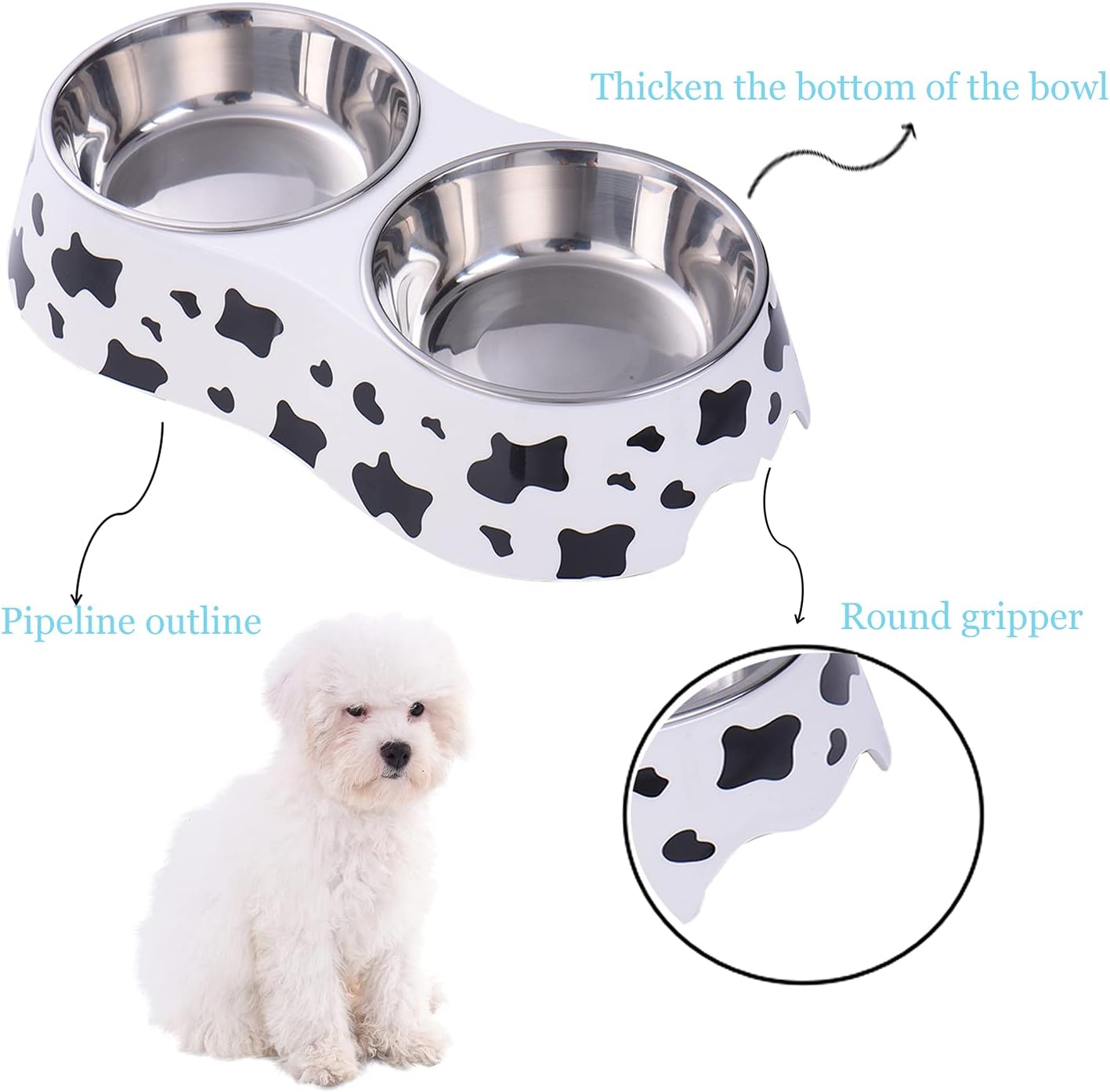 Pet Double Bowl Stainless Steel-Cow Type Pet Elevated Feeder Bowl for Dogs Cats (M (10 * 4.8 * 1.6 in))