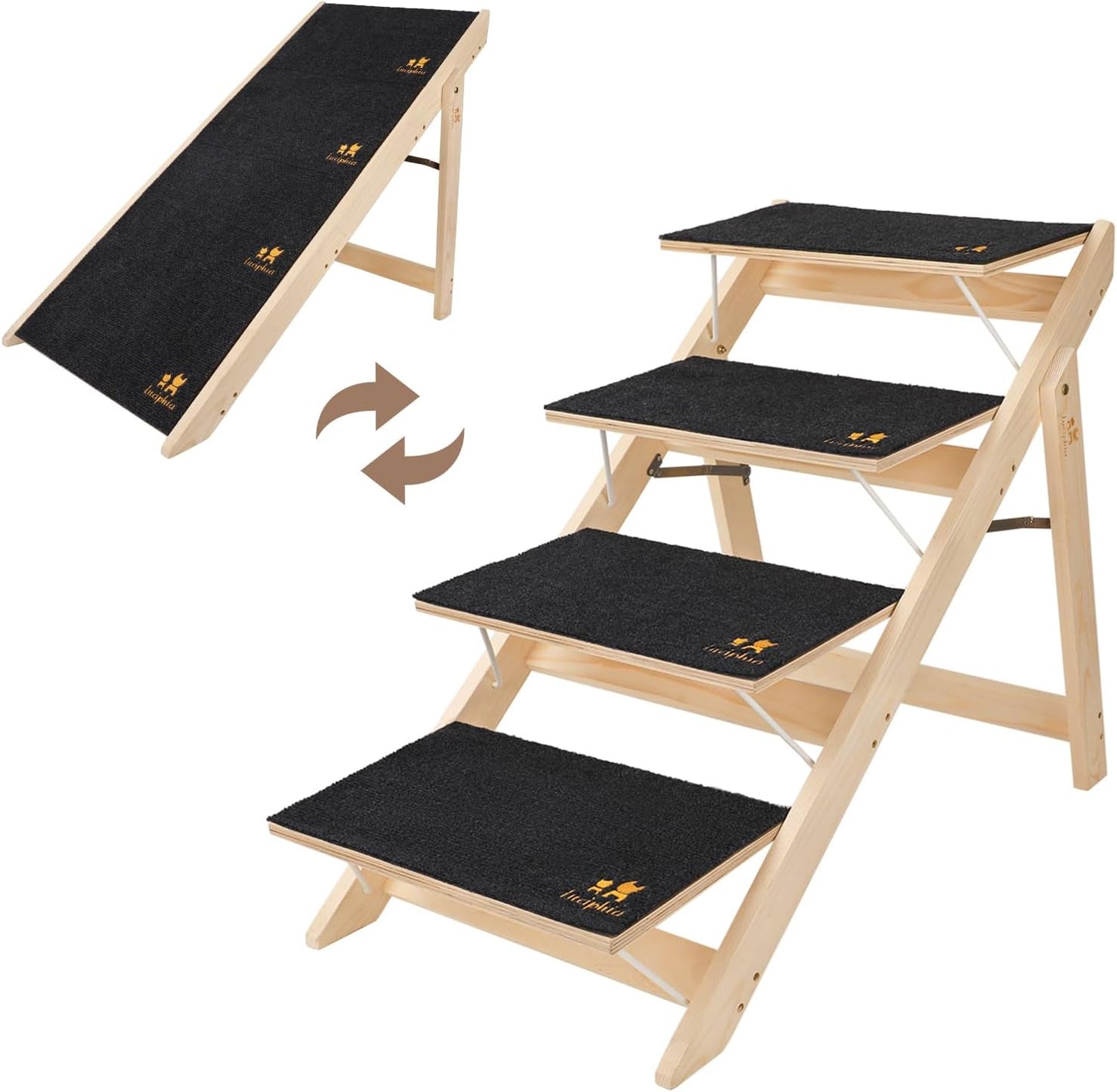 Luciphia Wooden Dog Stairs for Small Dogs 2-in-1 Foldable Dog Steps for Beds Cars Couch Anti-Slip Pet Ramp with 4 Steps Indoor Pet Stairs for Medium Large Older Pets Cats up to 220lbs