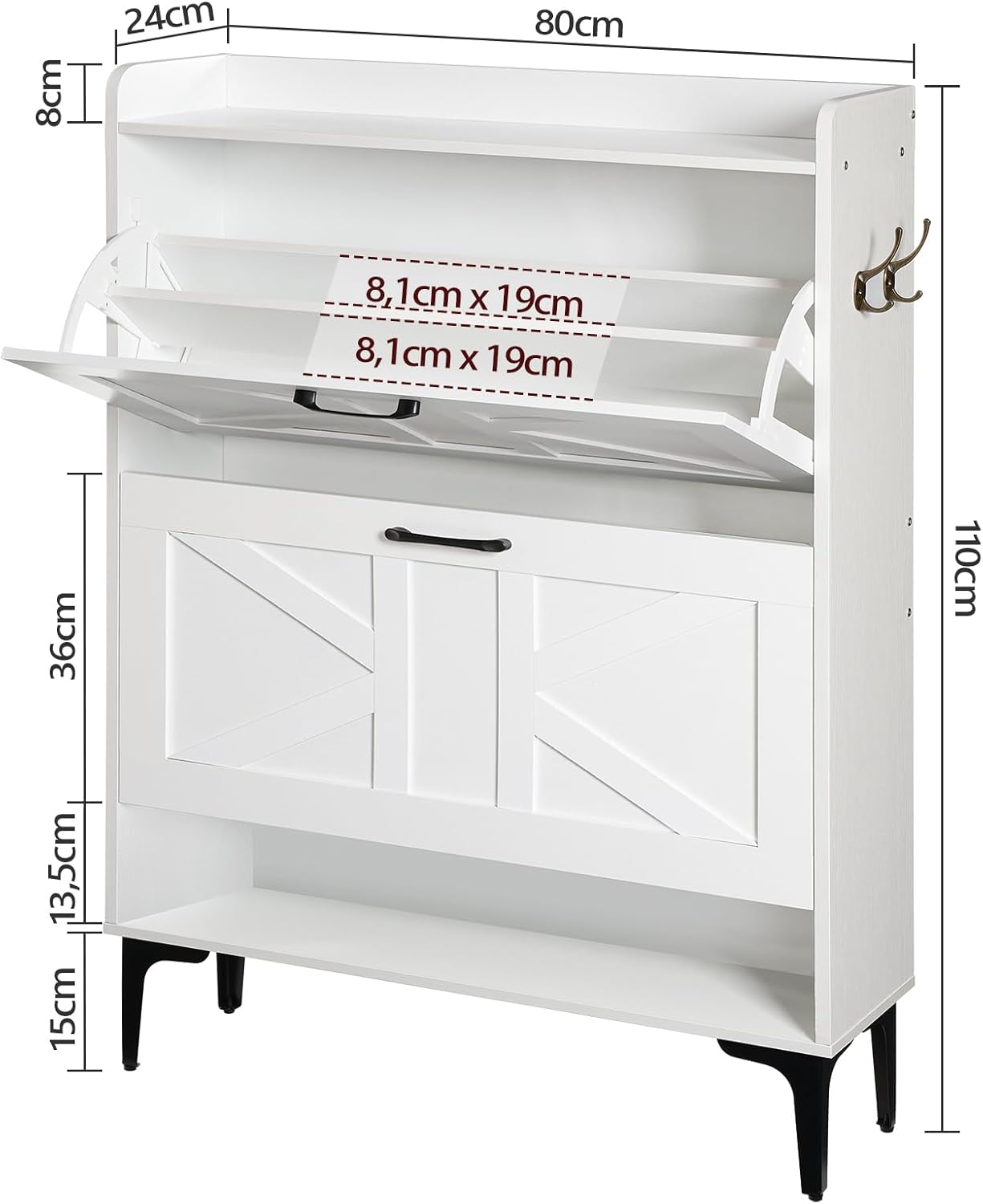 Shoe Storage Cabinet, Shoe Organizer with 2 Flip Drawers, Hidden Shoe Storage for Entryway, Freestanding Organizer with Open Storages, White SHWT9401