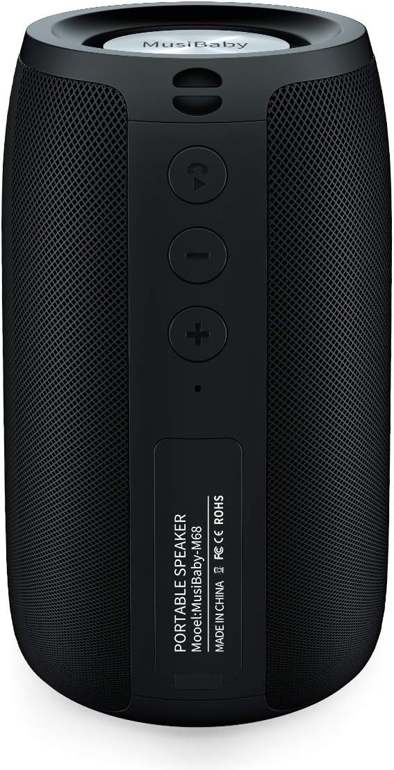 MusiBaby M68 Portable Bluetooth Speaker – Wireless Waterproof Sound for Home and Outdoor Use – Deep Bass, Dual Pairing, 24H Playtime, Compact Design (Black)
