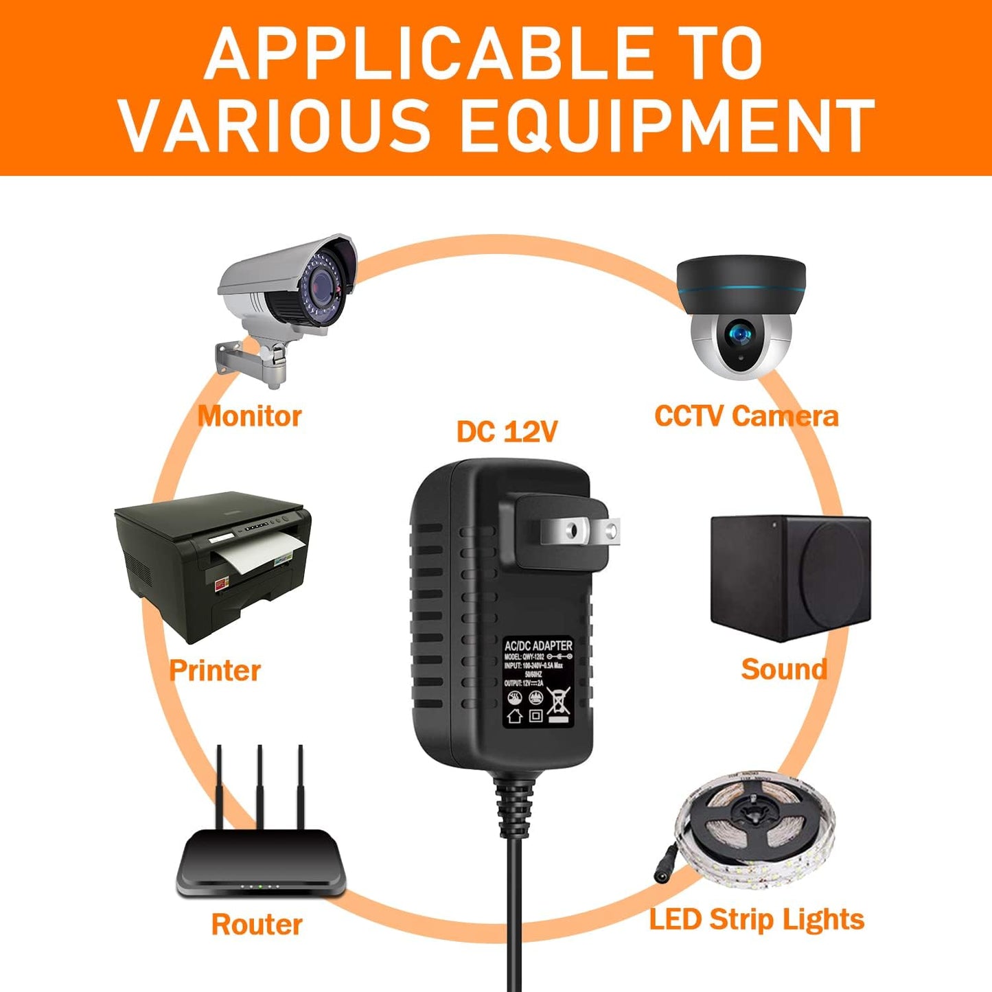 12V 2A Power Supply Adapter, 12 Volt Power Supply for LED Strip Lights, 120V AC to 12V DC Transformer,3.28Ft Cord, 24 Watt Max(5 Pack)