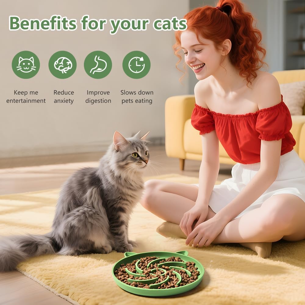 2Pcs Silicone Slow Feeder Cat Bowl,Puzzle Feeder,Interactive Toys,Slow Feeding cat Bowl Suitable for All Dry and Wet Foods,Easy to Clean Silicone Bowls (Green and Blue)
