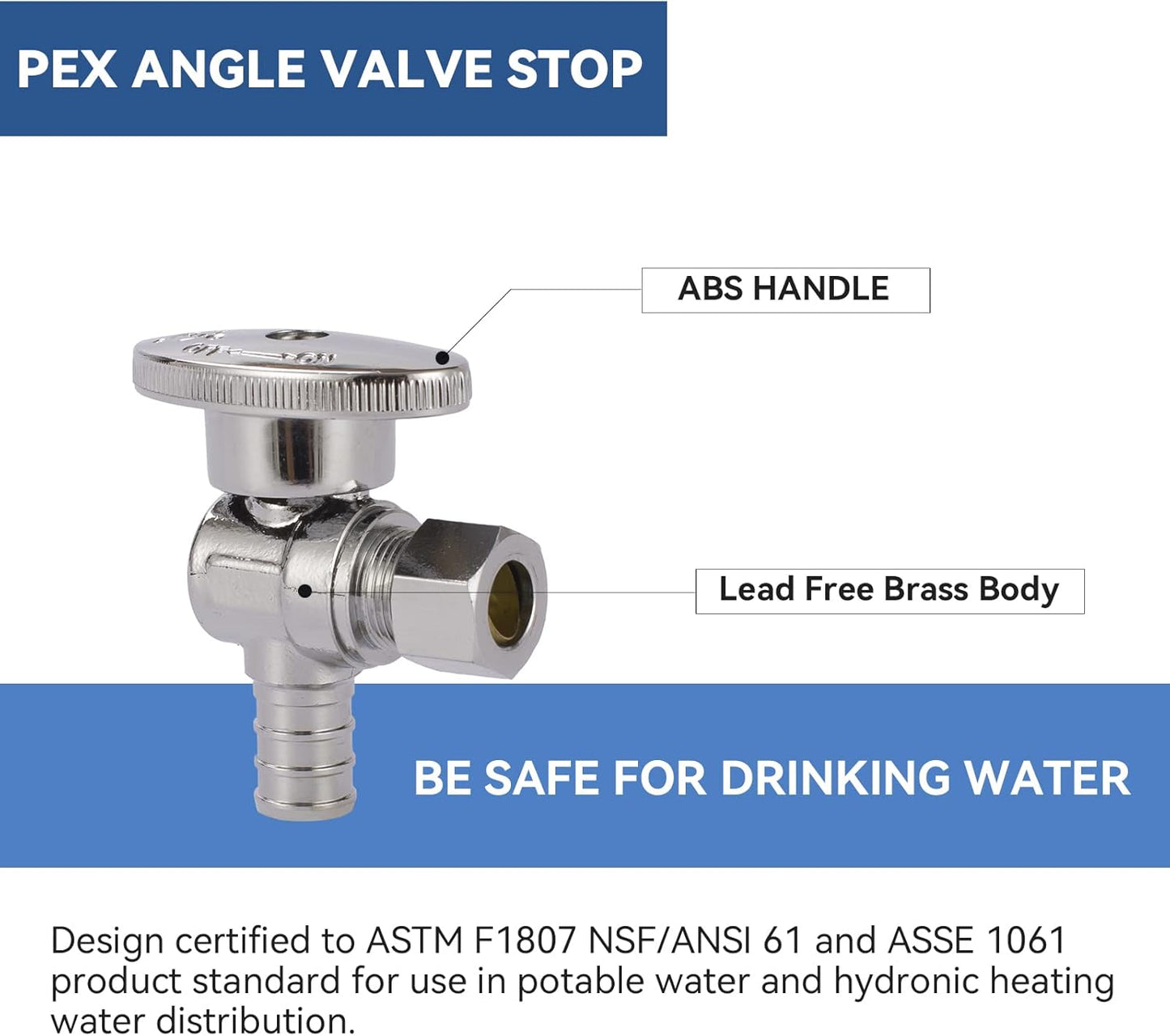 Angle Stop Valve,1/2 Inch Pex X 3/8 Inch OD Compression Angle Shut-off Valve with 1/4 Turn on/off (Pack of 10,ASTM F1807)(VALVE076-10Pack)