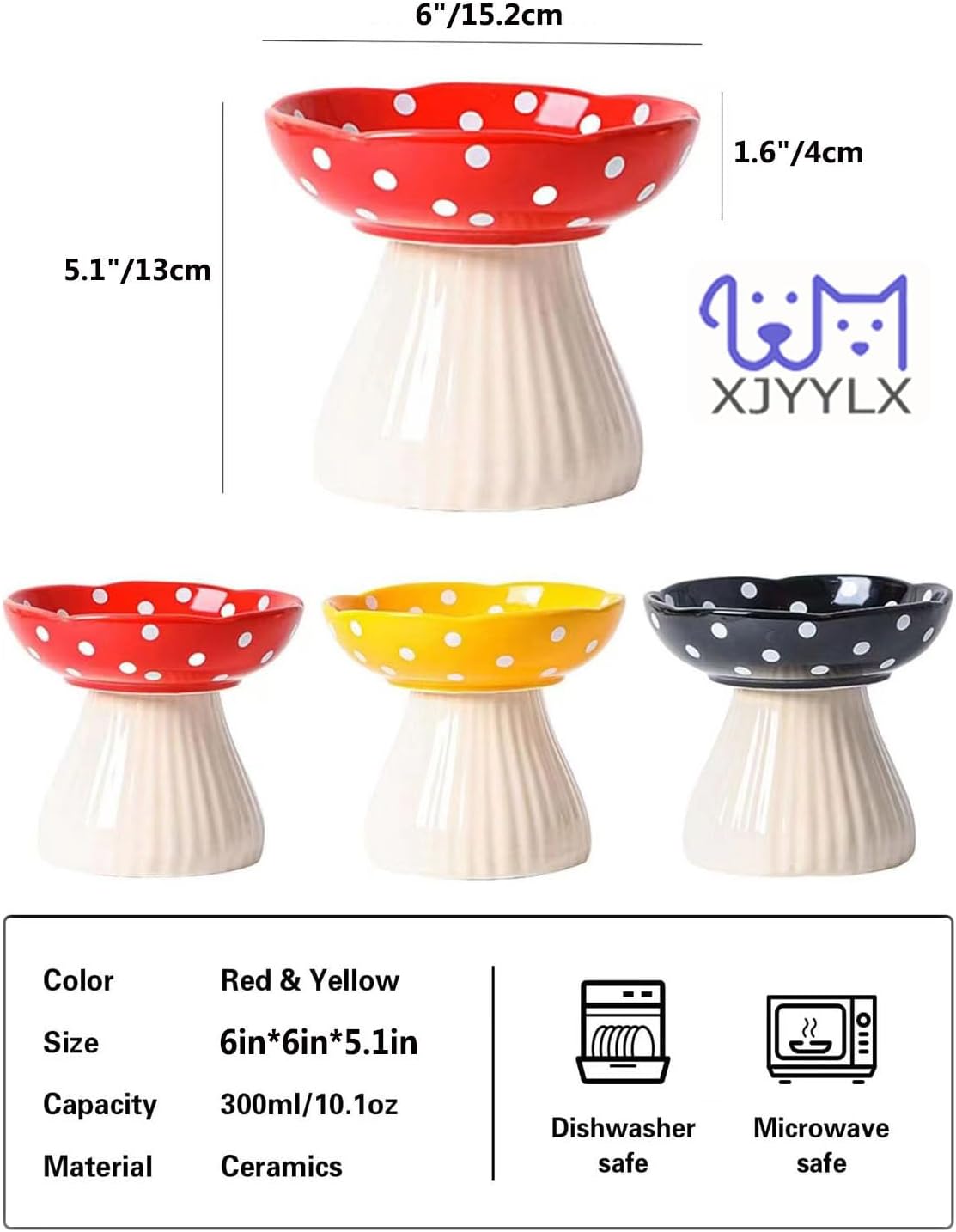 Elevated Mushroom Cat Bowls Ceramic, Raised Cat Bowls for Indoor Cats, Cute Whisker Fatigue Cat Bowl, Raised Dog Bowl Stand for Food and Water, Black 6" Wide for Adult Cats