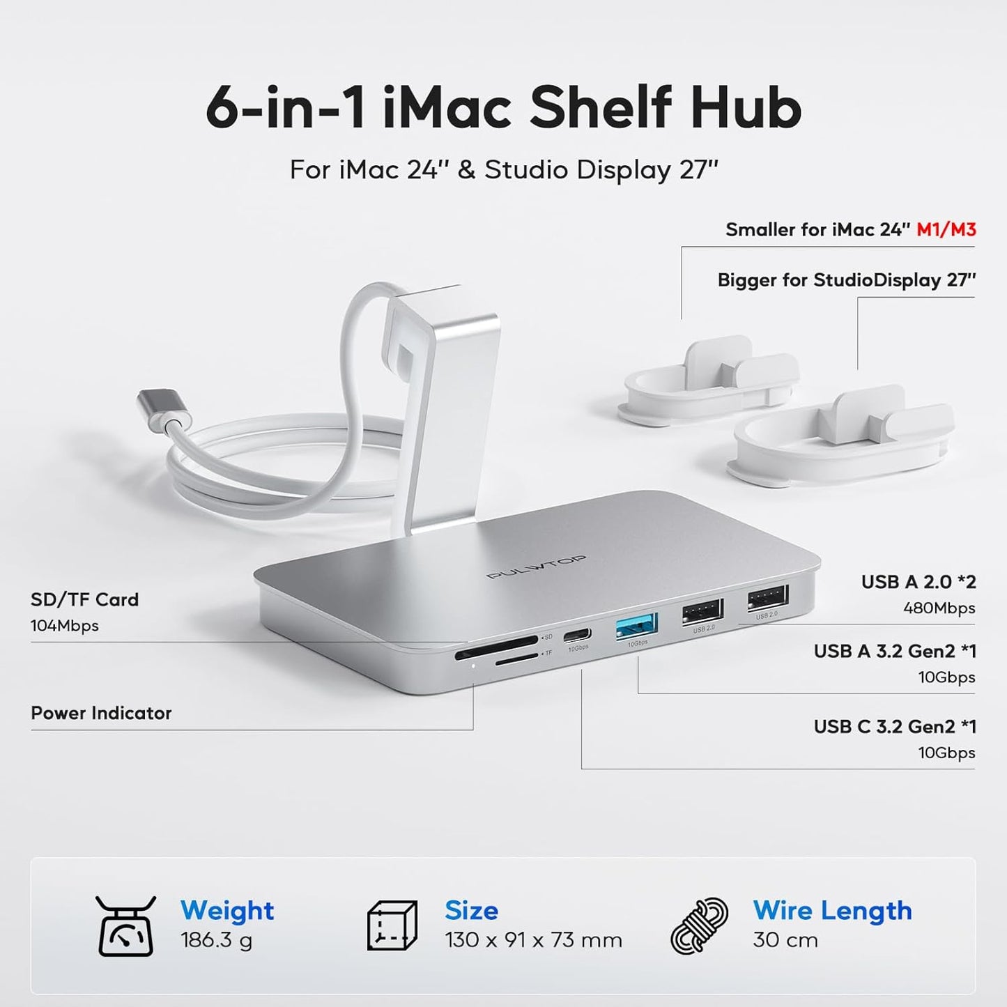 iMac Accessories for i-Mac 2021/2023/2024, PULWTOP USB C Hub for iMac with USB A/C 10Gbps, Hub for M1/M3/M4, 2 USBA 2.0, SD/TF Card Reader for iMac24 inch & Studio Display 2 Sliver