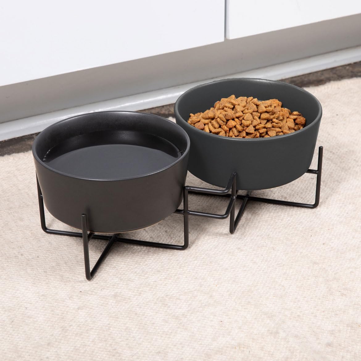Waggo Simple Solid Ceramic Dog Bowl and Stand - Double Pet Feeder, Small, Black