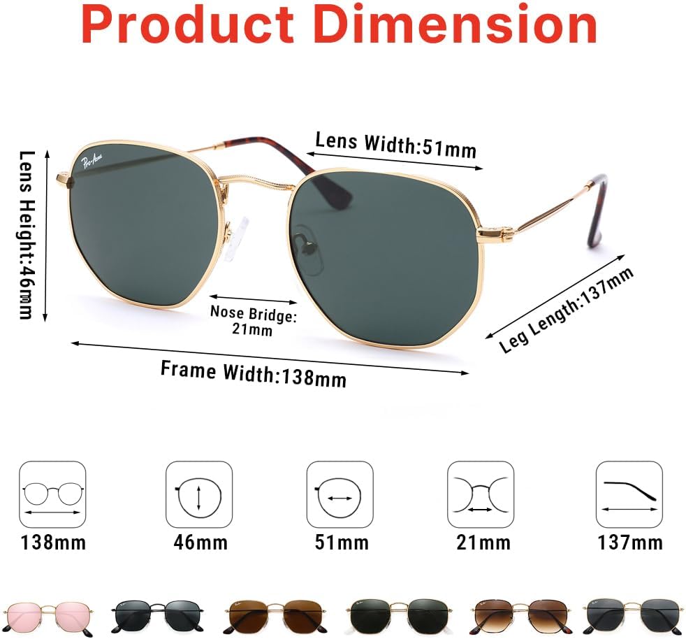 Pro Acme Small Square Sunglasses for Women Men 100% Real Glass Lens Hexagonal Frame