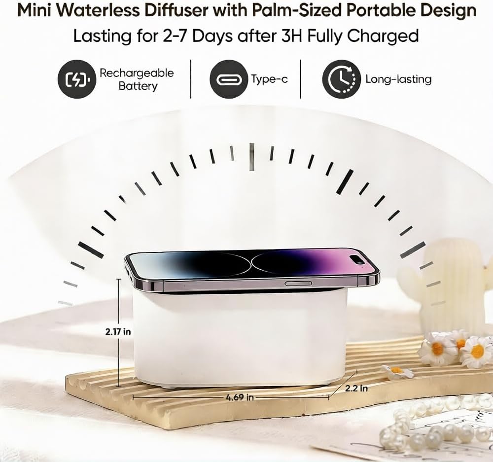 Waterless Diffuser for Essential Oil, Battery Operated Scent Air Aromatherapy Diffuser, Mini Aroma Diffusers with 3 Intermittent Mist Modes, Cycle Start for 400-700 sq.ft Home Office Bedroom.