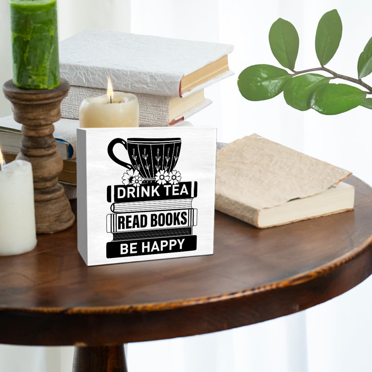 Tea Decor Wooden Box Sign, Tea Bar Tea Station Pantry Table Decor for Office Home Kitchen Decoration, Tea Lover Gifts for Women Men, Book Lover Gifts for Women Men, Drink Tea Read Books Be Happy