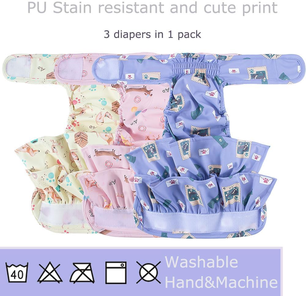 Washable Reusable Dog Diapers Female(3 Pack),Highly Absorbent for Doggie Puppy Cat Heat Period Training with Adjustable Waist Dog Skirt Diapers Female Pu Breathable Female Dog Diapers Suitable,Small