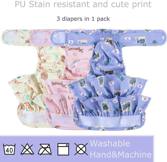 Washable Reusable Dog Diapers Female(3 Pack),Highly Absorbent for Doggie Puppy Cat Heat Period Training with Adjustable Waist Dog Skirt Diapers Female Pu Breathable Female Dog Diapers Suitable,Small