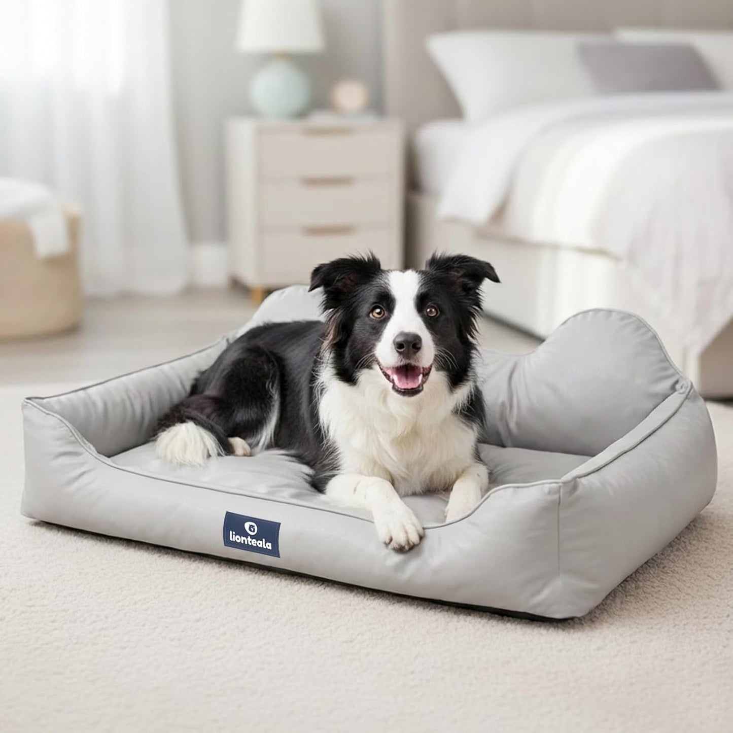 EarsUp Dog Bed 43Inch Leather Dog Sofa, Detachable Orthopedic Puppy Beds, Rectangle Pet with Non-Slip Bottom, Waterproof, Machine Washable (Gray)