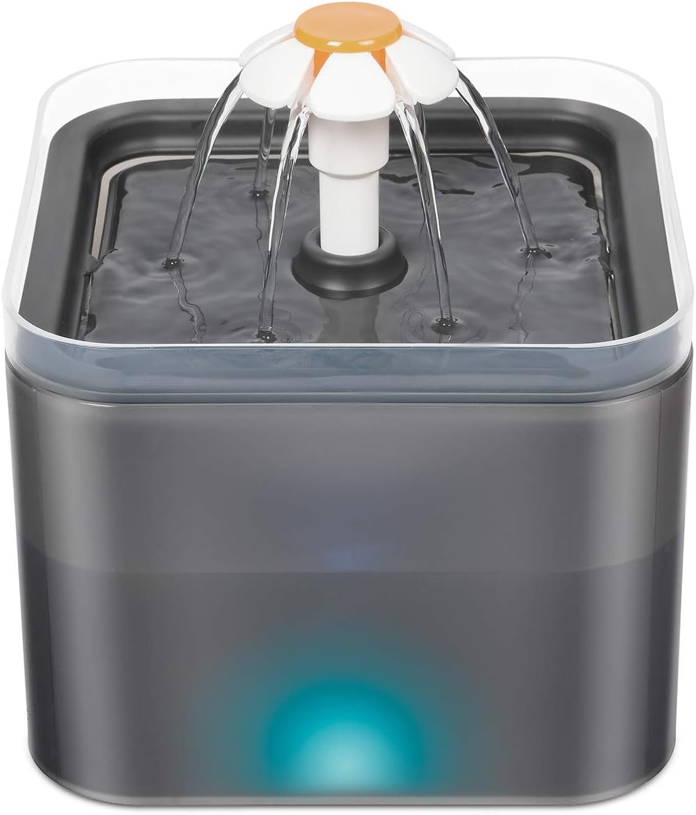 Cat Water Fountain with Adapter, 67oz/2L Ultra Silent Cat Fountain, Automatic Square Drinking Fountain with Filter, LED Light and Pet Bell for Cats Dogs Birds
