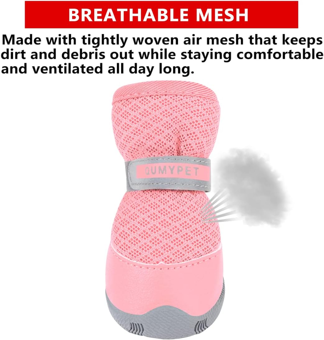 QUMY 4PCS Dog Shoes for Small Dogs, Hot Pavement Summer Puppy Dog Boots & Paw Protectors with Soft Anti-Slip Rubber Sole, Mesh Breathable Dog Booties for Hardfloors, Walking Running Pink Size 4