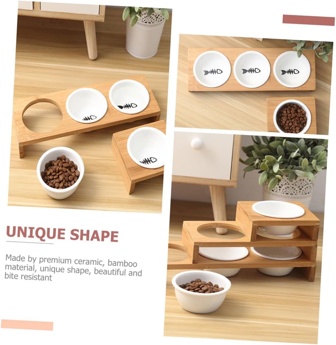 PRETYZOOM Ceramic Cat Dog Food Bowl Set with Raised Stand, 3-Compartment Pet Feeding Dish for Indoor Use, Portable Water and Food Container for Cats and Puppies