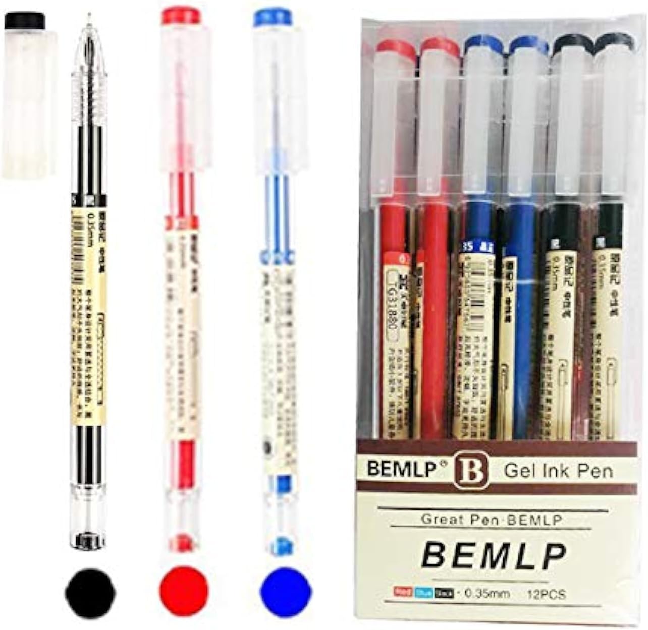 BEMLP Gel Ink Pen Extra fine point pens Ballpoint pen Liquid Ink Rollerball Pens 0.35mm Premium Quick Drying Pen for Japanese Office School Stationery Supply 12 Packs (4 Black 4 Blue 4 Red)