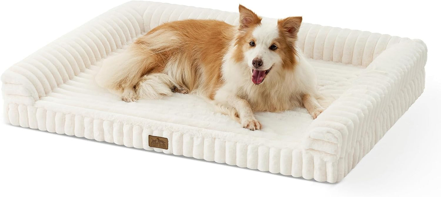 Large Dog Bed for Large Dogs, Faux Rabbit Fur Orthopedic Foam Dog Bed with Sides, Removable Washable Cover & Waterproof Lining, Comfortable Pet Couch, Cream (44" L x 32" W x 7" Th)