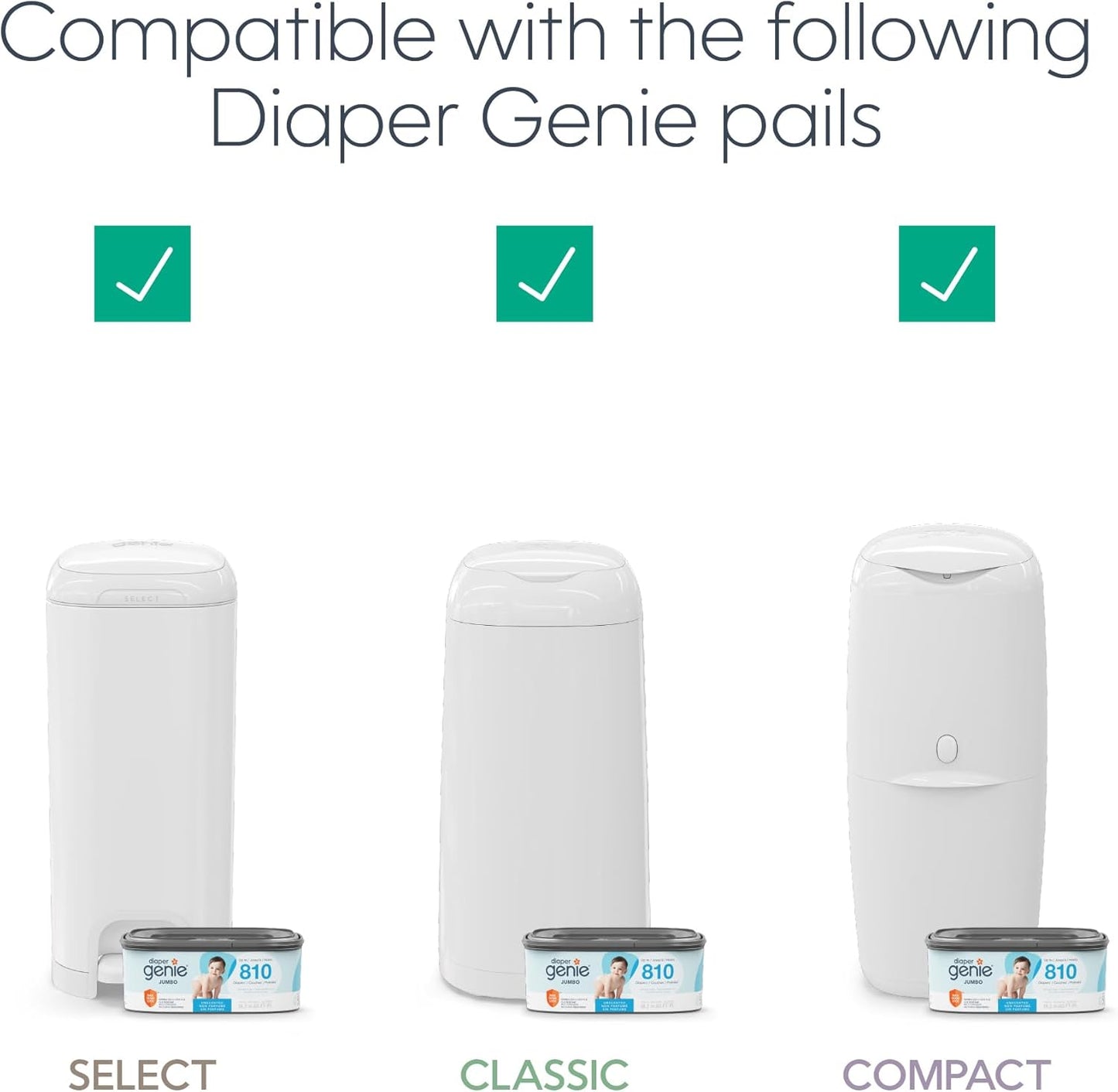 Diaper Genie Jumbo Square Refill, with Continuous Film, can Hold up to 810 Newborn-Sized Diapers per Refill.